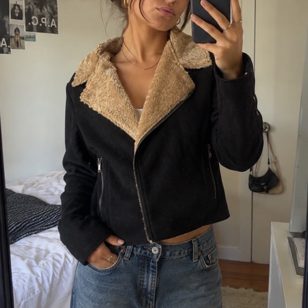 Vintage Y2K Black Suede‎ Teddy Fur Lined Asymmetrical button jacket